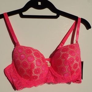 Youmita 34B NWT Bright Neon Pink Floral Lace Bra